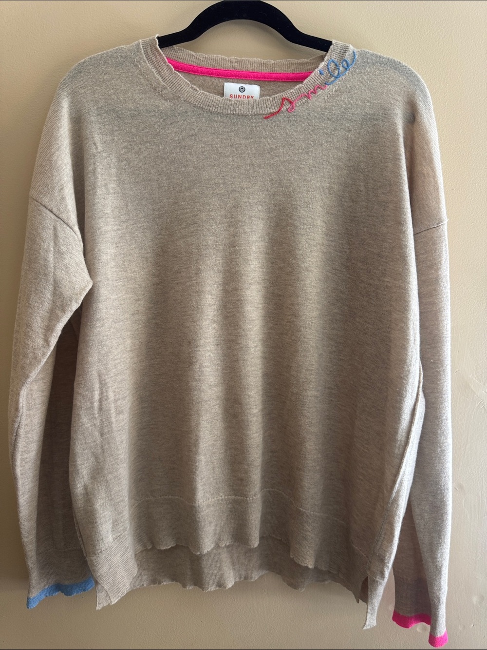 Sundry Embroidered "Smile" Merino Wool & Cashmere Sweater in Oatmeal / Tan.